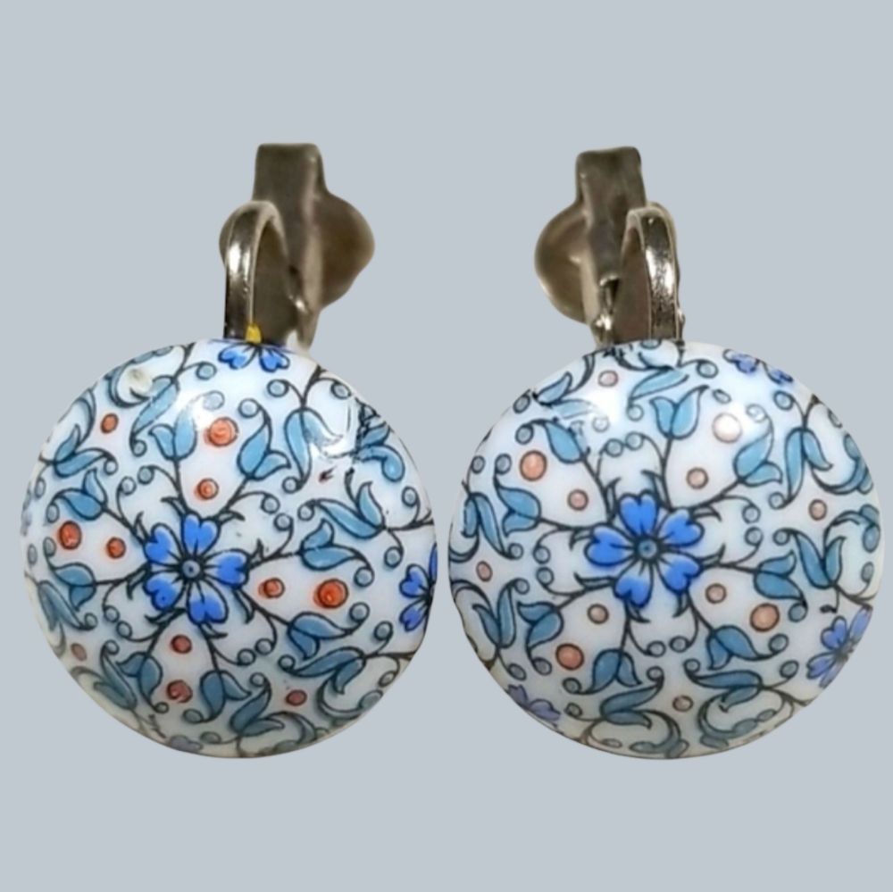 Vintage Ceramic Clip Earrings Dainty Floral Print